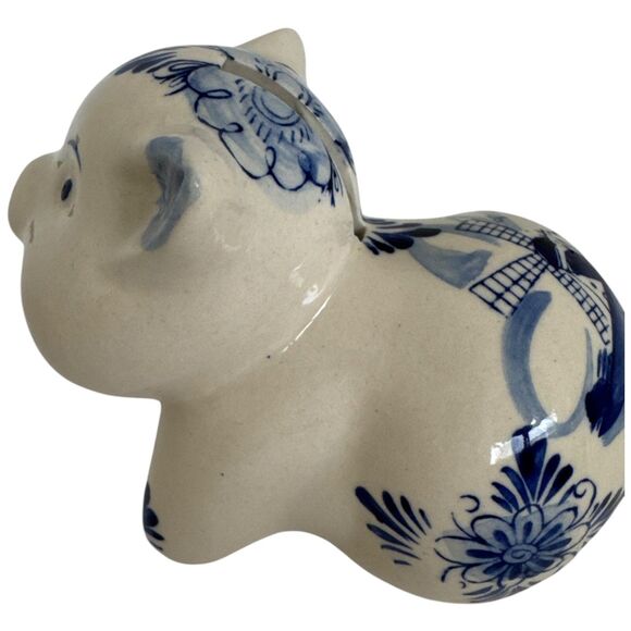 Vtg Delft Blue White Ceramic Hand Painted Piggy Bank Pig Holland Windmill Gift - Picture 2 of 16